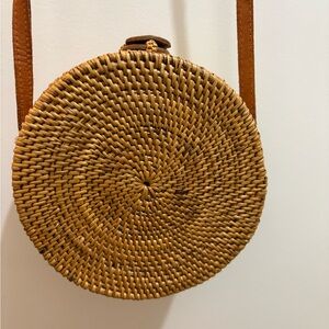 Round Woven Tan Crossbody Bag